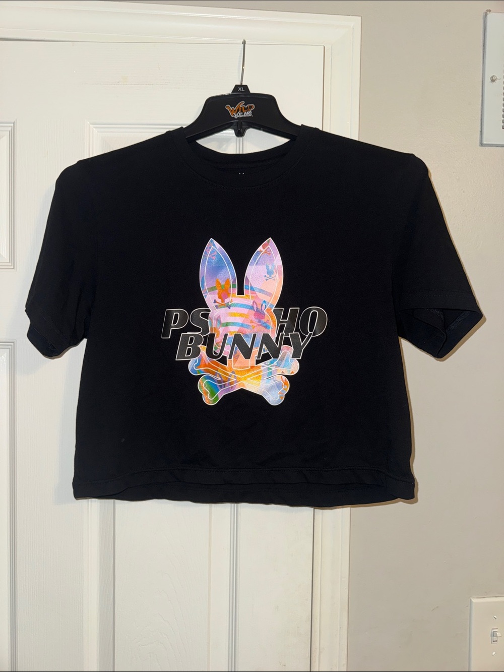 Psycho Bunny Black Cropped Tee with Rainbow Iridescent Bunny